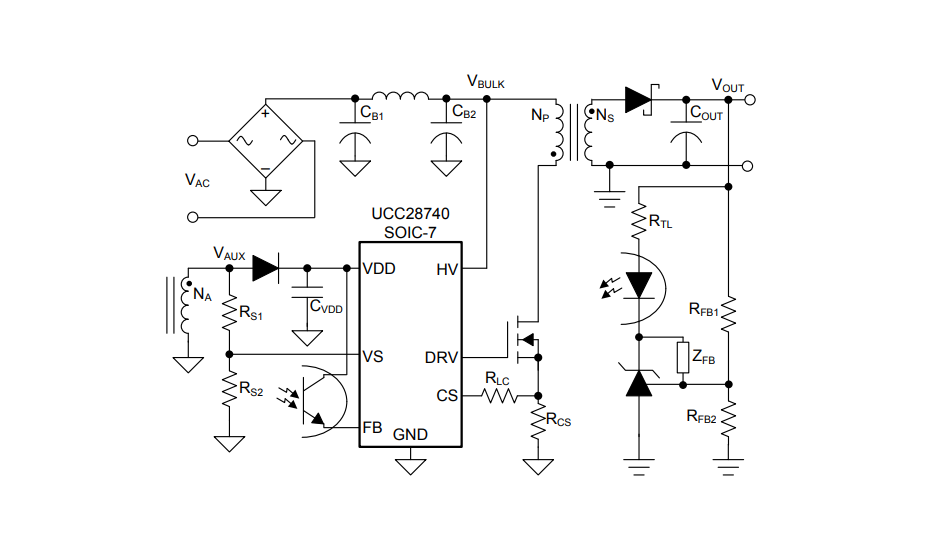 Application Circuit Diagram - Texas Instruments UCC28740/Q1 Flyback Controllers